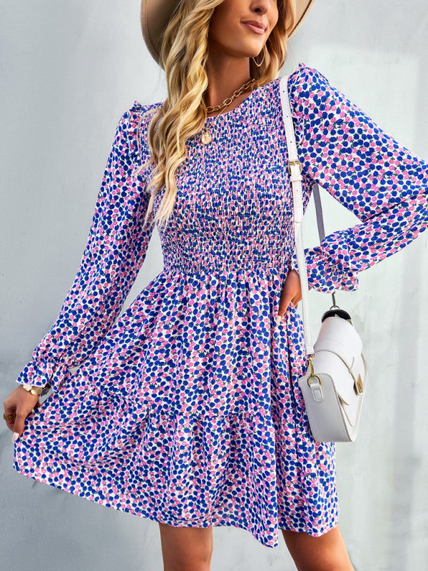 Floral Long Sleeve Midi Dress – Round Neck, Autumn-Winter Style