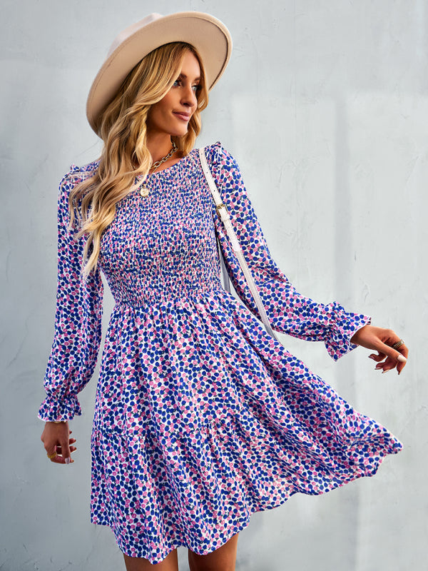 Floral Long Sleeve Midi Dress – Round Neck, Autumn-Winter Style