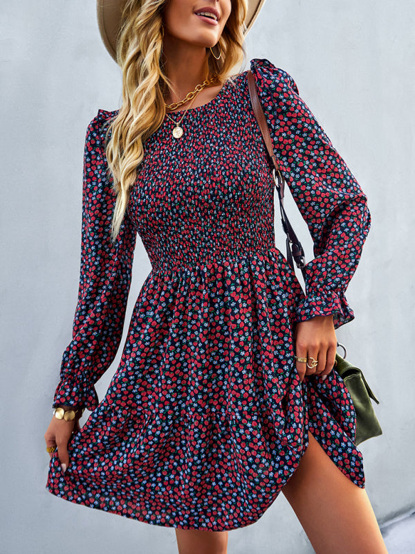 Floral Long Sleeve Midi Dress – Round Neck, Autumn-Winter Style