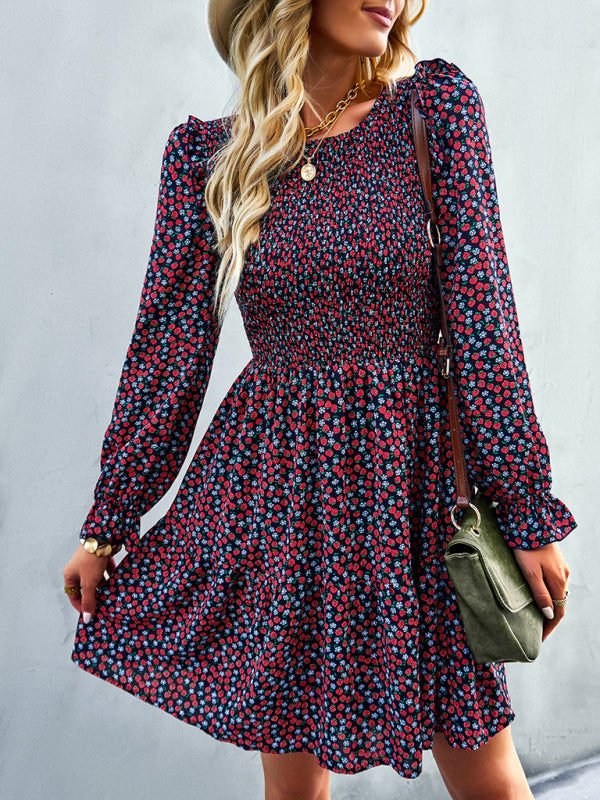Floral Long Sleeve Midi Dress – Round Neck, Autumn-Winter Style