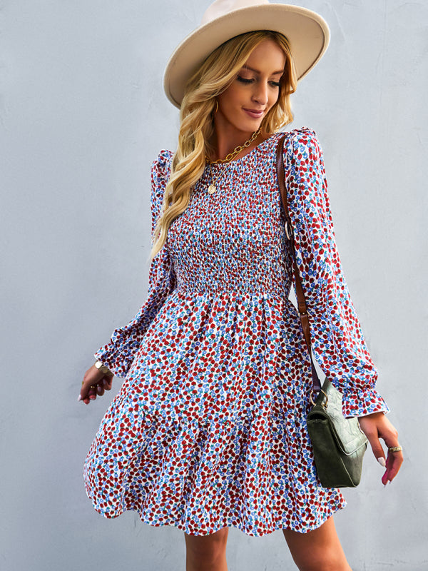 Floral Long Sleeve Midi Dress – Round Neck, Autumn-Winter Style