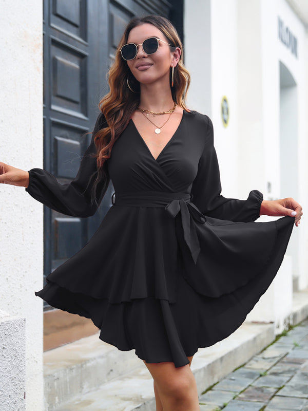 Multilayer V-Neck Lace-Up Long Sleeve Dress – Elegant & Flowy Fit