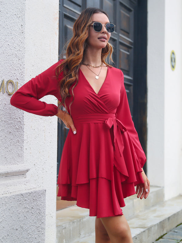 Multilayer V-Neck Lace-Up Long Sleeve Dress – Elegant & Flowy Fit