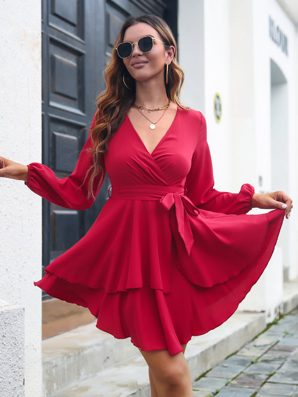 Multilayer V-Neck Lace-Up Long Sleeve Dress – Elegant & Flowy Fit