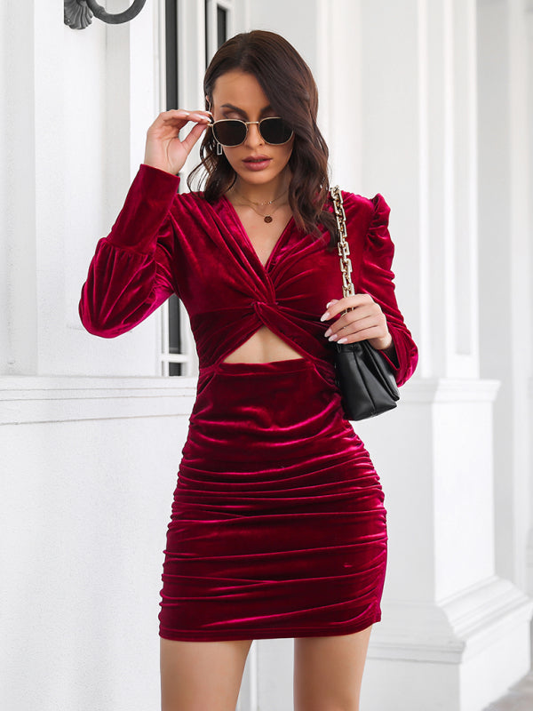 Gold Velvet Pleated Dress with Twisted Bubble Sleeves – Long Sleeve Autumn Party Look