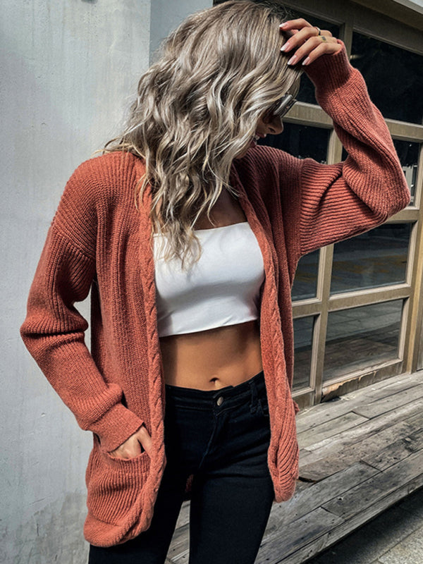 Twist Knit Long Sleeve Cardigan Brick red