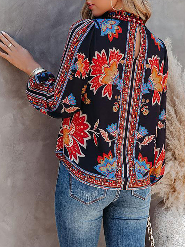 Women's Boho Printed Lantern Sleeve Shirt