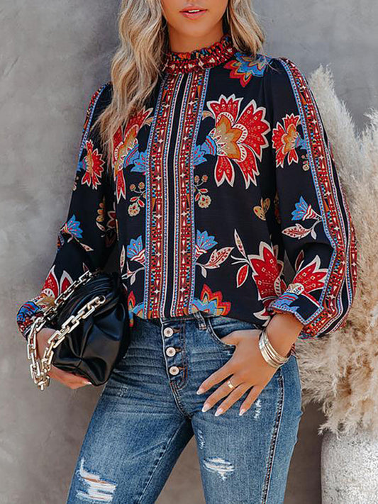 Women's Boho Printed Lantern Sleeve Shirt