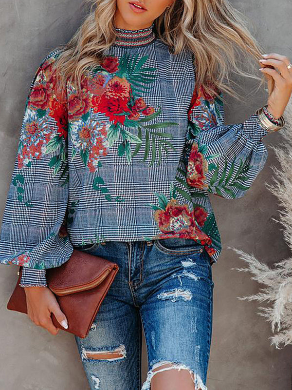 Women's Boho Printed Lantern Sleeve Shirt