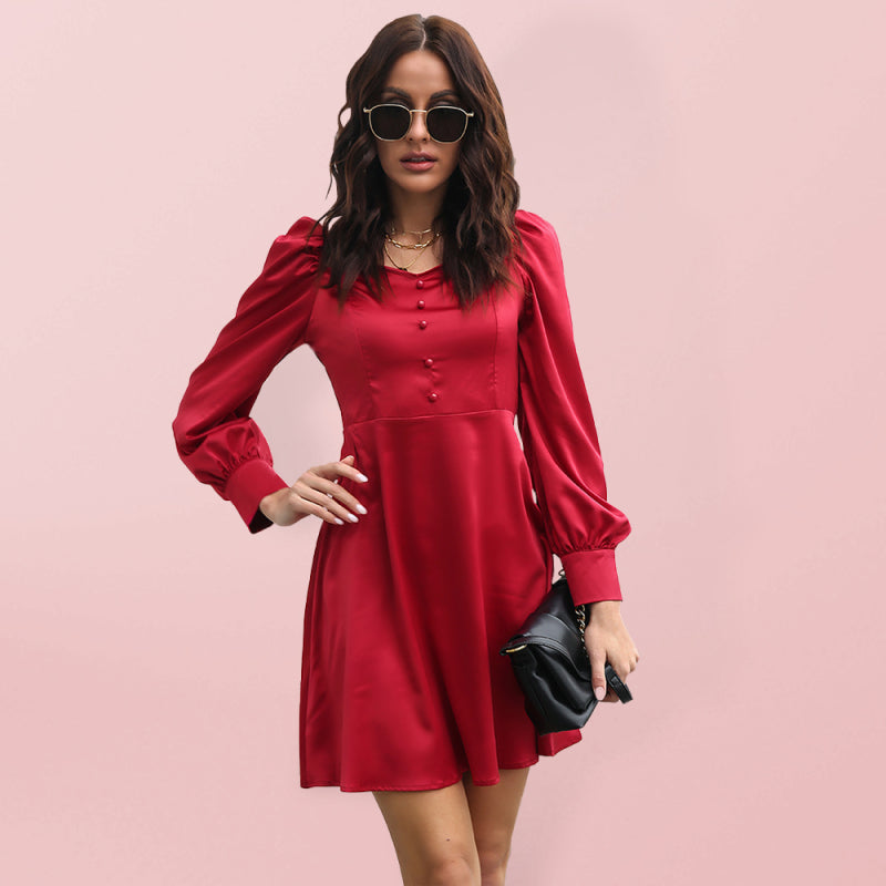 Women's color satin love collar bubble sleeve French Long Sleeve Dress