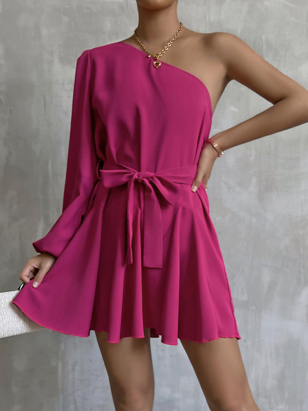 Woman'S Autumn New Solid Color Slanted Shoulder Unilateral Sleeve A-Line Swing Fashion Casual Dress