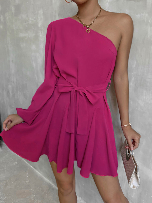 Woman'S Autumn New Solid Color Slanted Shoulder Unilateral Sleeve A-Line Swing Fashion Casual Dress