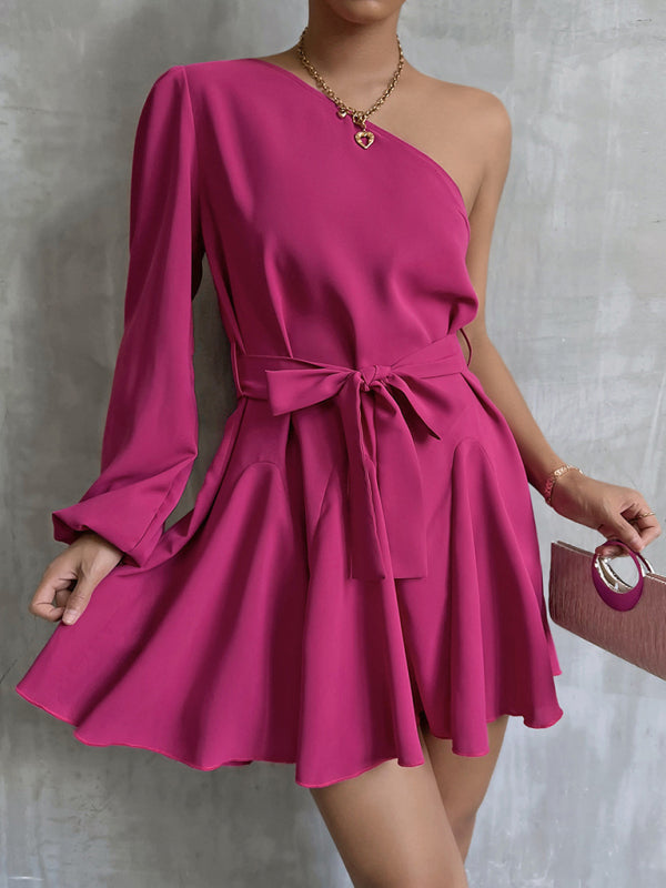 Woman'S Autumn New Solid Color Slanted Shoulder Unilateral Sleeve A-Line Swing Fashion Casual Dress