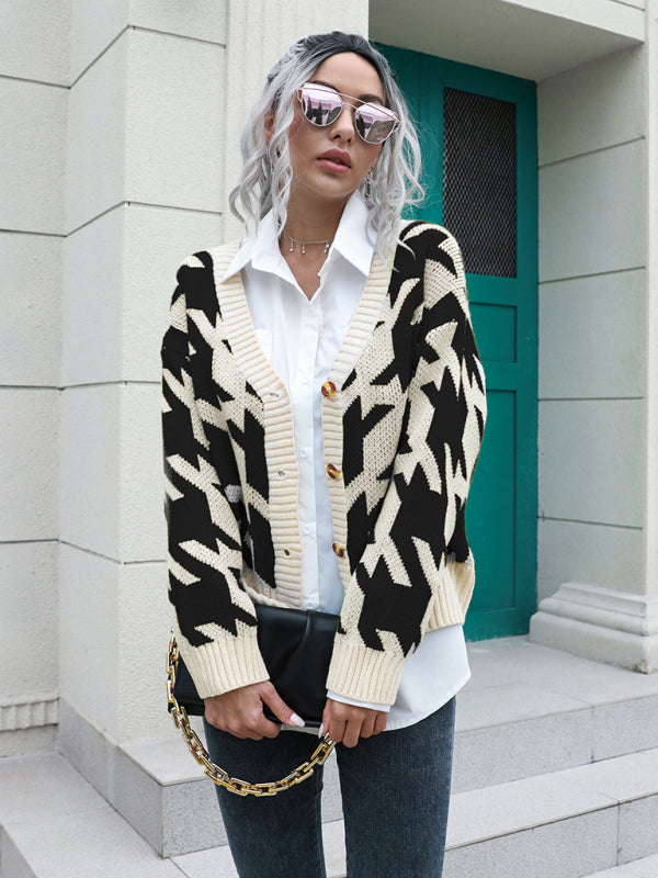 Women's Houndstooth Knit Cardigan Sweater Black