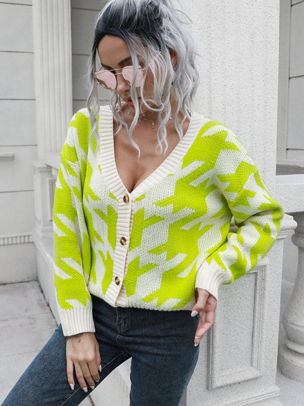 Women's Houndstooth Knit Cardigan Sweater Green