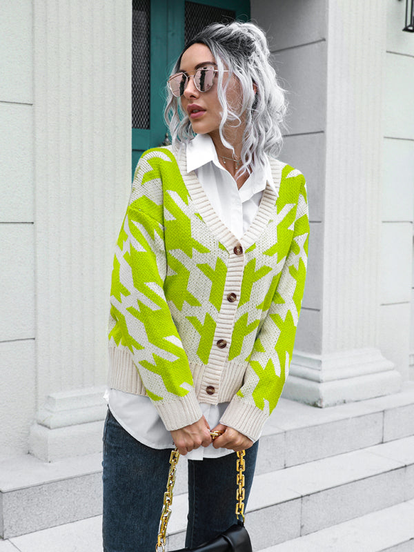 Women's Houndstooth Knit Cardigan Sweater