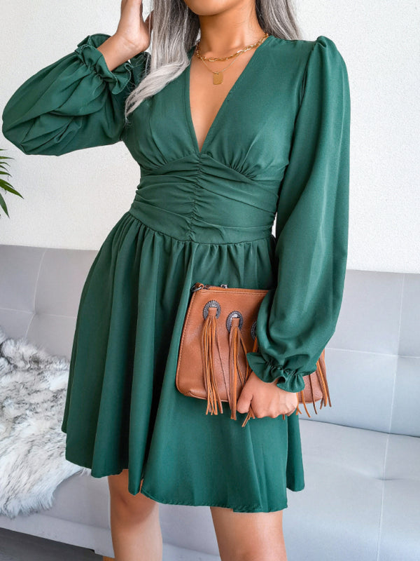Chiffon V-Neck Pleated Midi Dress – Long Sleeve, Flowy Fit & Elegant Style