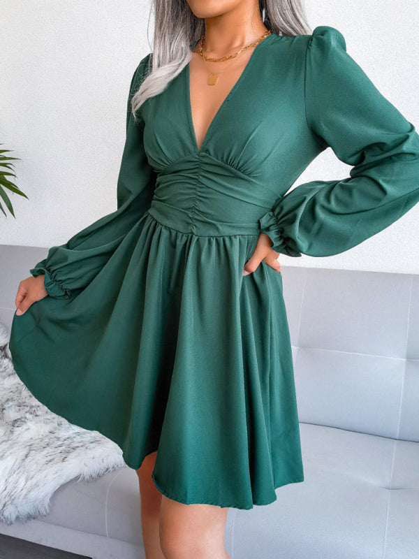 Chiffon V-Neck Pleated Midi Dress – Long Sleeve, Flowy Fit & Elegant Style