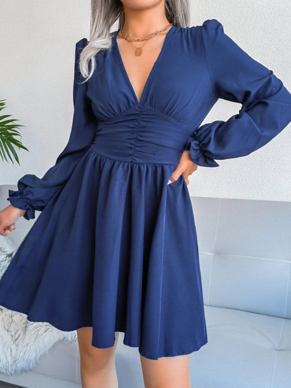 Chiffon V-Neck Pleated Midi Dress – Long Sleeve, Flowy Fit & Elegant Style