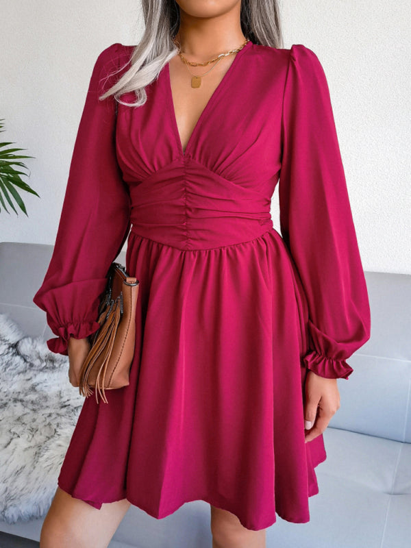 Chiffon V-Neck Pleated Midi Dress – Long Sleeve, Flowy Fit & Elegant Style