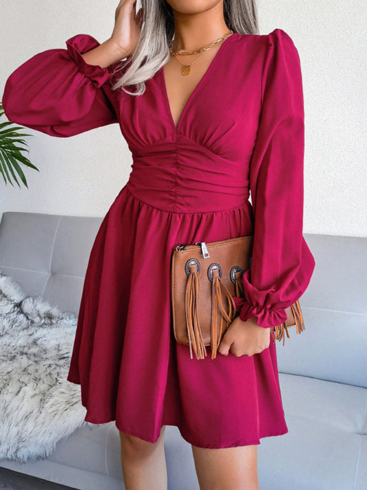 Chiffon V-Neck Pleated Midi Dress – Long Sleeve, Flowy Fit & Elegant Style