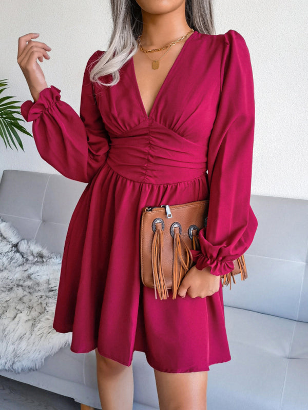 Chiffon V-Neck Pleated Midi Dress – Long Sleeve, Flowy Fit & Elegant Style