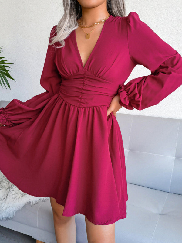 Chiffon V-Neck Pleated Midi Dress – Long Sleeve, Flowy Fit & Elegant Style