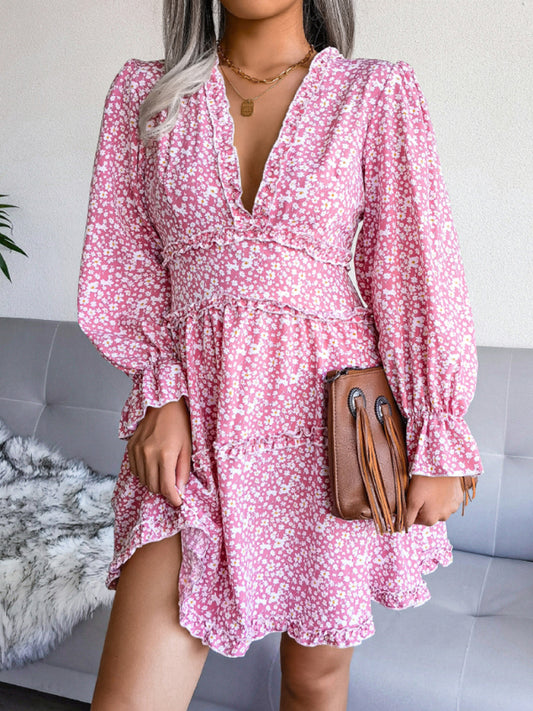 Women's V-neck flower wood ear Long Sleeve Chiffon Dress