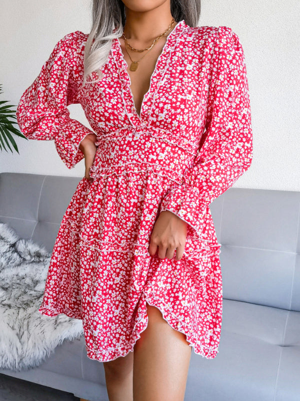 Women's V-neck flower wood ear Long Sleeve Chiffon Dress