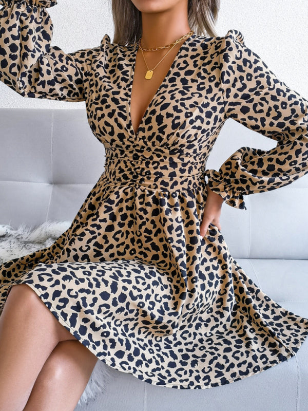 Women's Sexy Leopard Print waist Pleated Dress