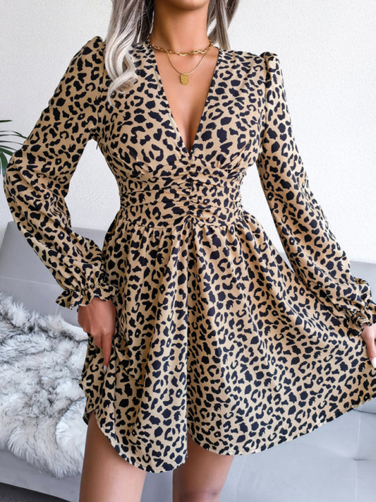 Women's Sexy Leopard Print waist Pleated Dress