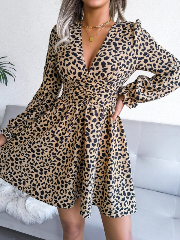 Women's Sexy Leopard Print waist Pleated Dress