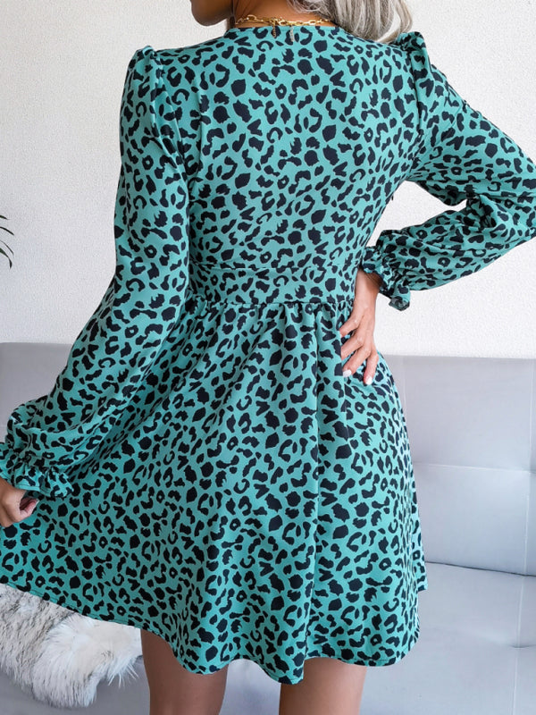 Women's Sexy Leopard Print waist Pleated Dress