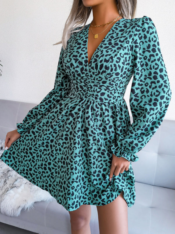 Women's Sexy Leopard Print waist Pleated Dress