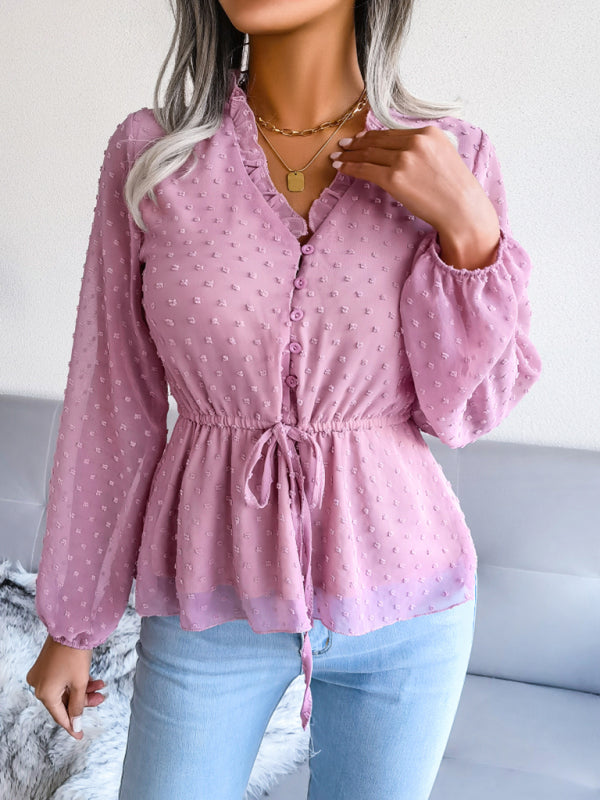 Women's Ruffle Chiffon Blouse with Lace-Up Waist