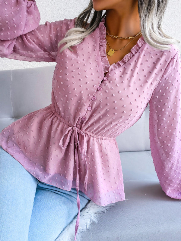 Women's Ruffle Chiffon Blouse with Lace-Up Waist