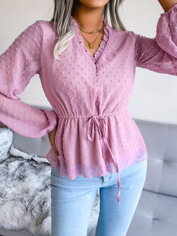 Women's Ruffle Chiffon Blouse with Lace-Up Waist