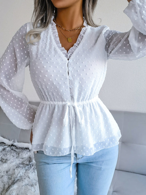 Women's Ruffle Chiffon Blouse with Lace-Up Waist