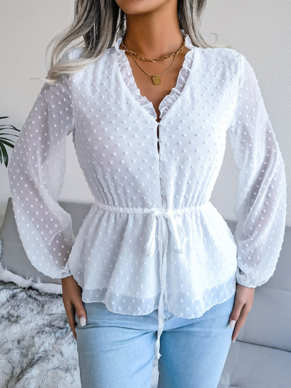 Women's Ruffle Chiffon Blouse with Lace-Up Waist