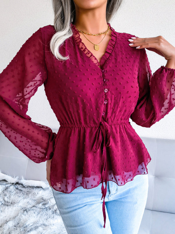 Women's Ruffle Chiffon Blouse with Lace-Up Waist