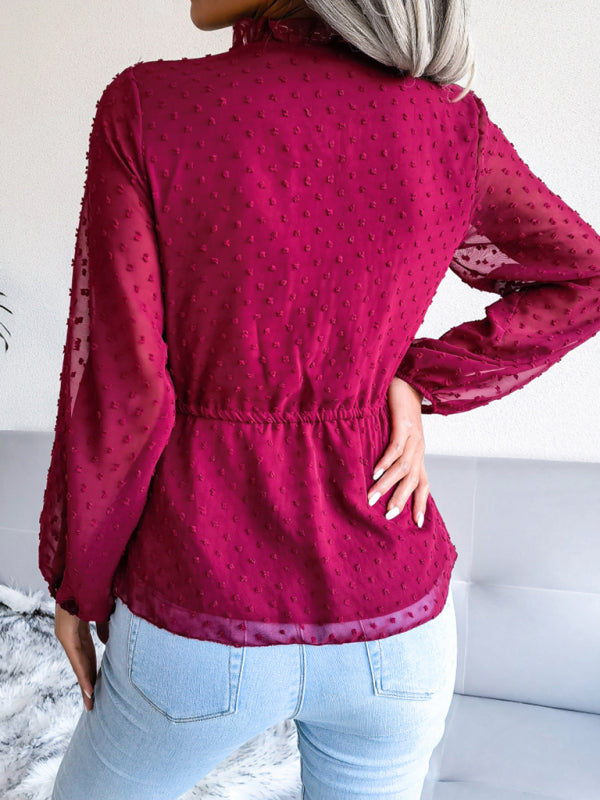 Women's Ruffle Chiffon Blouse with Lace-Up Waist