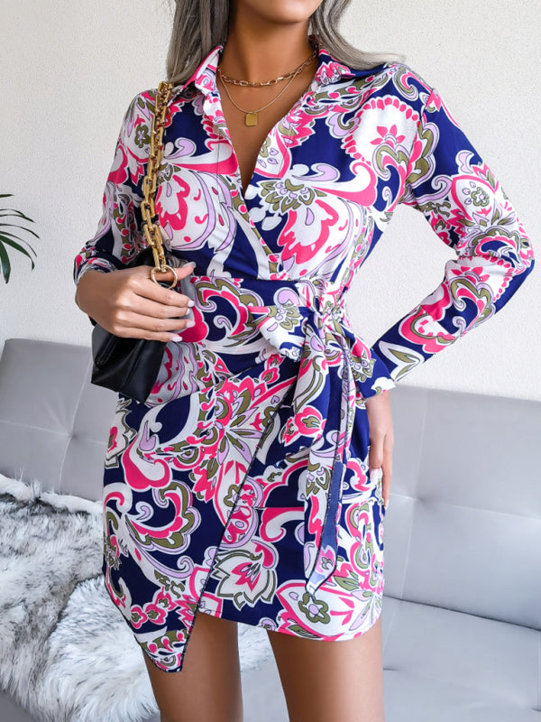 Printed Shirt Dress with Tie Waist – Long Sleeve Casual Midi Dress