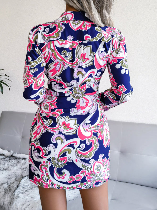 Printed Shirt Dress with Tie Waist – Long Sleeve Casual Midi Dress
