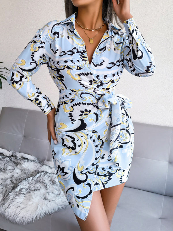 Printed Shirt Dress with Tie Waist – Long Sleeve Casual Midi Dress