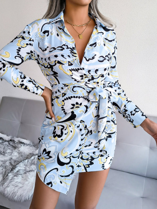Printed Shirt Dress with Tie Waist – Long Sleeve Casual Midi Dress