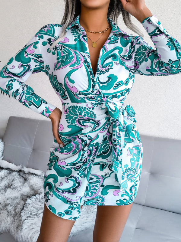 Printed Shirt Dress with Tie Waist – Long Sleeve Casual Midi Dress
