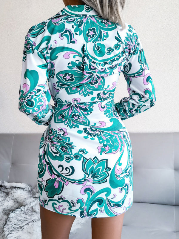 Printed Shirt Dress with Tie Waist – Long Sleeve Casual Midi Dress
