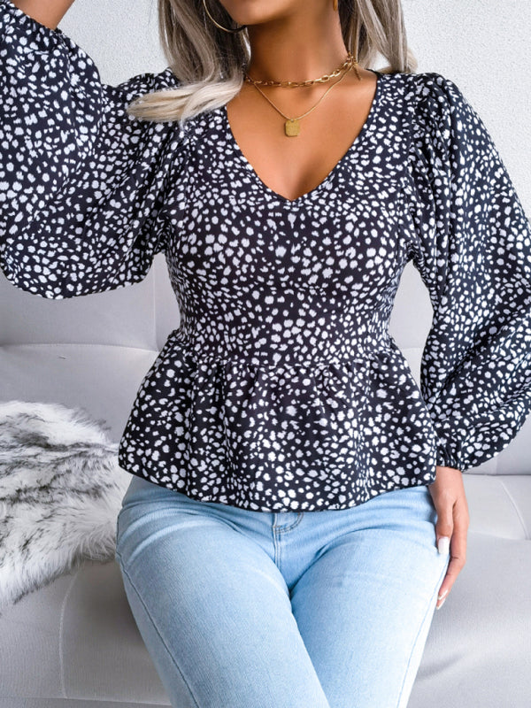 Women's Leopard Print Chiffon Lantern Sleeve Blouse