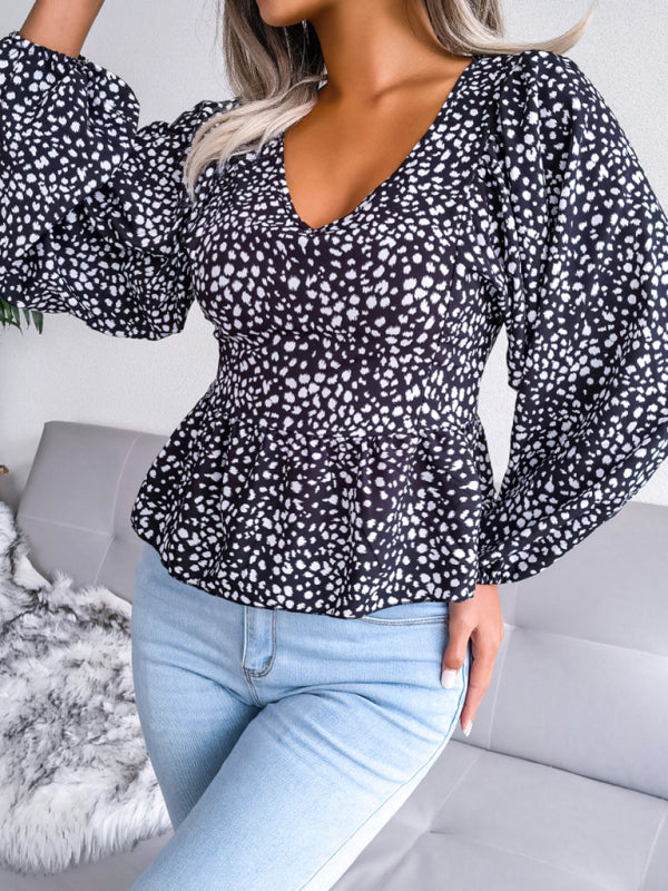 Women's Leopard Print Chiffon Lantern Sleeve Blouse
