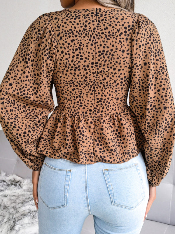 Women's Leopard Print Chiffon Lantern Sleeve Blouse